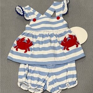 Striped Blue and White Baby Outfit with Red Crab Accents